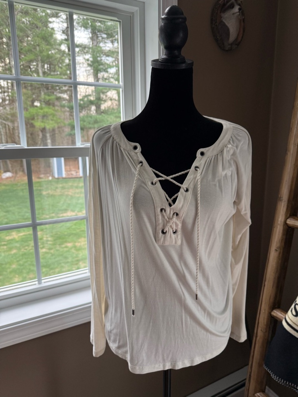 Chaps Cream Lace-Up Peasant Tunic